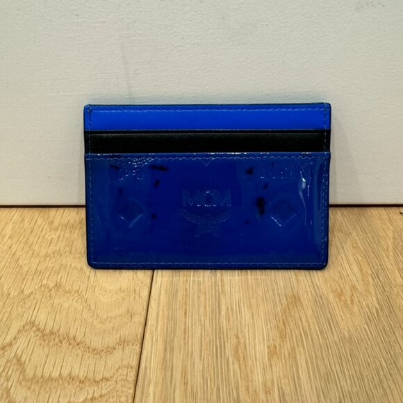 MCM Patricia Monogrammed Patent Leather Card Holder Wallet Neon Cobalt Blue - Picture 3 of 6